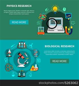 Natural-Science Researches. Horizontal banners set with natural-science researches, chemical experiments, design concept, flat vector illustration