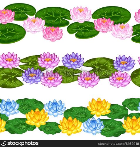 Natural seamless borders with lotus flowers and leaves. Background made without clipping mask. Easy to use for backdrop, textile, wrapping paper.