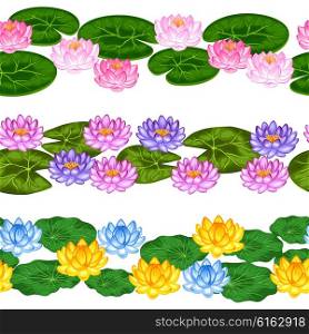 Natural seamless borders with lotus flowers and leaves. Background made without clipping mask. Easy to use for backdrop, textile, wrapping paper.