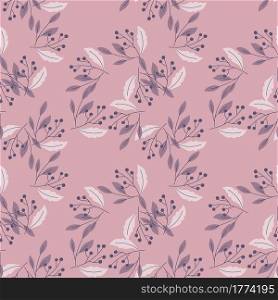 Natural seamless patetrn with vintage random berry leaf elements print. Lilac and purple pastel colors print. Great for fabric design, textile print, wrapping, cover. Vector illustration.. Natural seamless patetrn with vintage random berry leaf elements print. Lilac and purple pastel colors print.