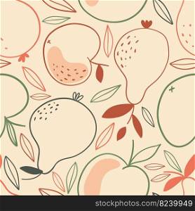 Natural seamless pattern with apples and pears drawn by hand with contour lines on a light background. Background with superfoods. Botanical realistic vector illustration.. Natural seamless pattern with apples and pears drawn by hand with contour lines on a light background.