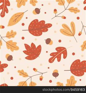 Natural seamless pattern with autumn fallen leaves of forest trees. Bright colored botanical seasonal vector illustration in flat style for wrapping paper, wallpaper, fabric print.. Natural seamless pattern with autumn fallen leaves of forest trees.
