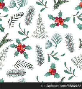 Natural seamless pattern with flower,leaf,holly for Christmas holiday