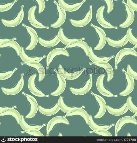 Natural seamless pattern with green random little banana fruit shapes. Pale green background. Doodle print. Perfect for fabric design, textile print, wrapping, cover. Vector illustration.. Natural seamless pattern with green random little banana fruit shapes. Pale green background. Doodle print.