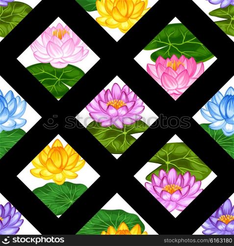 Natural seamless pattern with lotus flowers and leaves. Background made without clipping mask. Easy to use for backdrop, textile, wrapping paper.