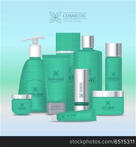 Natural Series Cosmetic Set Isolated. Vector. Natural series cosmetic set isolated. Hand cream, cream soap, eye cream, lotion, tonic, nail cream, day and night cream, shampoo, scrub. Part of series of decorative cosmetics items. Vector