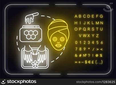 Natural skin care neon light concept icon. Organic cosmetic products, spa procedures idea. Outer glowing sign with alphabet, numbers and symbols. Vector isolated RGB color illustration