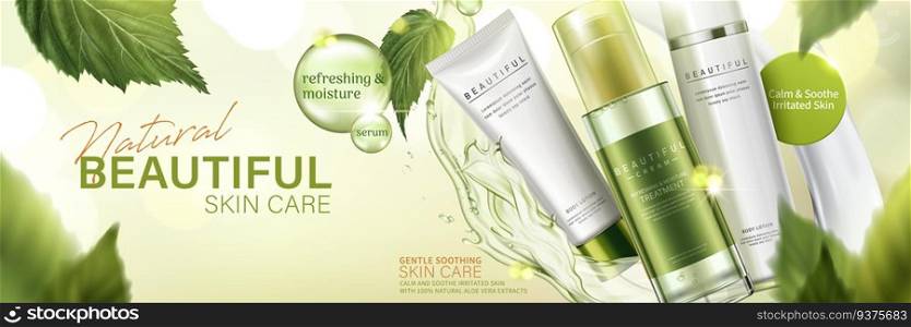 Natural skin care products in green with flying leaves and liquid on bokeh background in 3d illustration. Natural skin care products ad