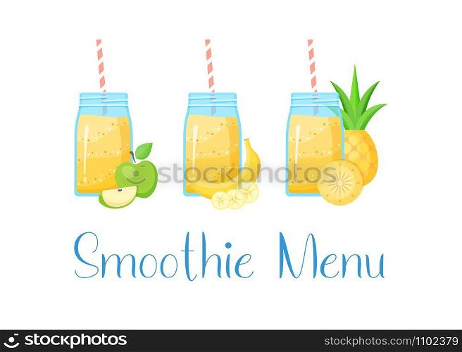 Natural smoothie fruit shake cocktail vector illustration. Set of tasty fruit, glass with colorful layers of smoothies isolated on white background for fitness landing page concept or smoothie menu.. Natural smoothie fruit shake logo illustration set