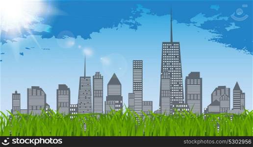 Natural Sunny on background of business city and green grass. Background Vector Illustration EPS10. Natural Sunny on background of business city and green grass. Ba