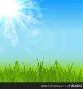 Natural Sunny Spring, Summer Background with Blue Sky and Green Grass Vector Illustration EPS10