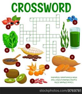 Natural superfoods crossword worksheet, find word quiz game, vector puzzle. Crossword riddle to guess word of super food cocoa, physalis fruit, chia seeds and lychee with kiwi and goji berries. Natural superfoods crossword worksheet, word quiz