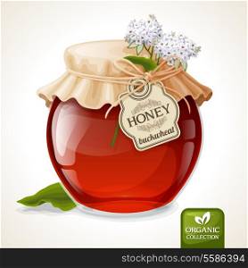 Natural sweet golden organic buckwheat honey in glass jar with tag and paper cover vector illustration