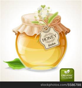 Natural sweet golden organic linden honey in glass jar with tag and paper cover vector illustration