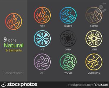 Natural symbol concepts gradient linear style icon. Earth,water,wind,fire 4 elements sign. Mono line design in circle shape