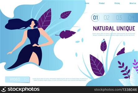 Natural Unique Flat Landing Page with Place for Advertising Text and Button to Go to Video Presentation. Cartoon Woman with Long Hair in Elegant Dress. Hair-Spray Ad Vector Fashion Beauty Illustration. Natural Unique Flat Beauty Landing Page for Women