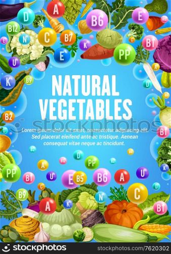 Natural vegetables, organic vegetarian farm veggies food. Vector healthy vitamins in tomato, carrot or corn and cabbage, vegan cucumber, onion and potato, eggplant, cauliflower and broccoli vegetable. Healthy vitamins in organic vegetarian vegetables