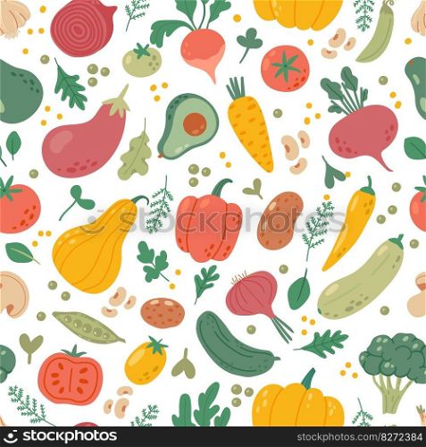 Natural vegetables seamless pattern. Organic vegetable background. Vegan and healthy garden products, organic tomato, fresh broccoli, salad. Vector texture. Vegetarian ingredients as pepper, pea. Natural vegetables seamless pattern. Organic vegetable background. Vegan and healthy garden products, organic tomato, fresh broccoli, salad. Vector texture