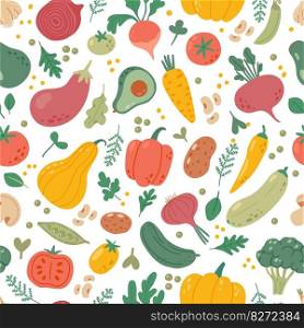 Natural vegetables seamless pattern. Organic vegetable background. Vegan and healthy garden products, organic tomato, fresh broccoli, salad. Vector texture. Vegetarian ingredients as pepper, pea. Natural vegetables seamless pattern. Organic vegetable background. Vegan and healthy garden products, organic tomato, fresh broccoli, salad. Vector texture