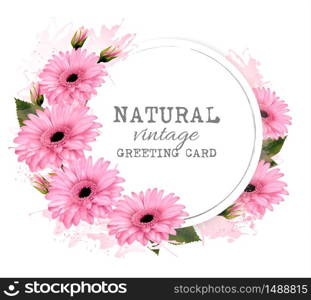 Natural vintage greeting card with pink flowers. Vector.