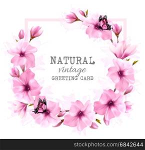 Natural vintage greeting card with pink magnolia. Vector.