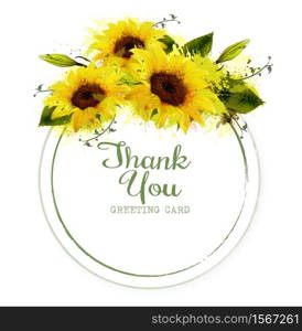 Natural vintage greeting card with watercolor sunflowers. Vector.