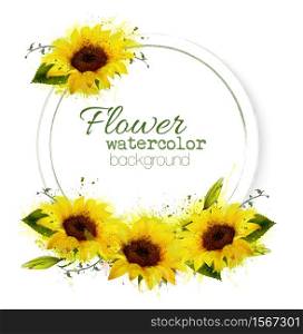 Natural vintage greeting card with watercolor sunflowers. Vector.