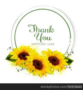 Natural vintage greeting card with yellow sunflowers. Vector.