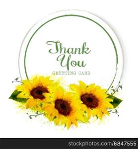 Natural vintage greeting card with yellow sunflowers. Vector.