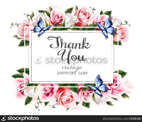 Natural vintage greeting frame with roses and butterfly. Vector.