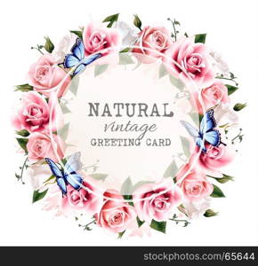 Natural vintage greeting frame with roses. Vector.