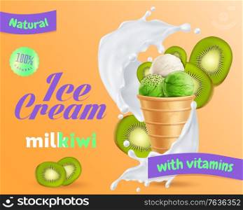 Natural vitamin rich fruit ice cream with kiwi juice slices in milk swirl realistic composition vector illustration