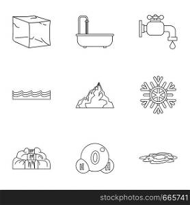 Natural water form icon set. Outline set of 9 natural water form vector icons for web isolated on white background. Natural water form icon set, outline style