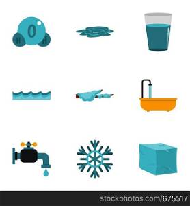 Natural water icon set. Flat set of 9 natural water vector icons for web isolated on white background. Natural water icon set, flat style