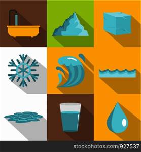 Natural water icon set. Flat style set of 9 natural water vector icons for web design. Natural water icon set, flat style