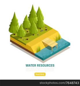 Natural water resources online info isometric composition with pond lake river element at forest edge vector illustration