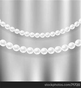Natural White Pearl Necklace on Grey Blurred Metallic Background. Natural White Pearl Necklace