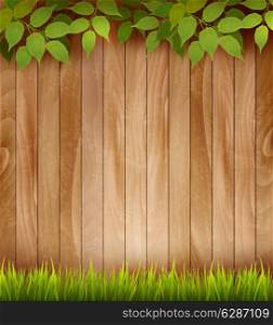 Natural wooden background with leaves and grass. Vector.