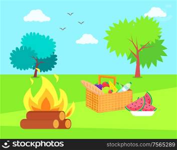 Nature and bonfire with basket and fruits veggies vector. Trees and greenery, sky with clouds floating. Bottle of water, bread and apple watermelon. Nature and Bonfire with Basket and Fruits Veggies