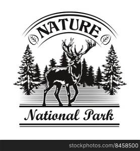 Nature and park symbol design. Monochrome element with reindeer in forest, landscape vector illustration with text. National park concept for st&s and emblems templates