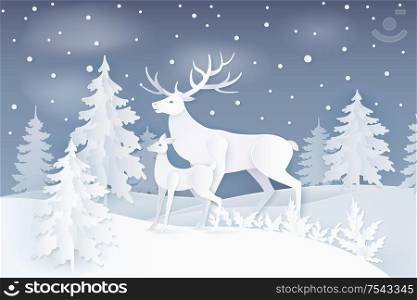 Nature at night with deer and fawn near spruce trees with snowflakes. Card with animals near fir-trees and snow falling weather in white color vector, paper art and craft style. Nature at Night with Deer and Spruce Trees Vector