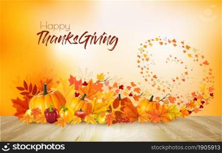 Nature autumn background. Happy Thanksgiving holiday card with fresh vegetables and colorful leaves. Vector.