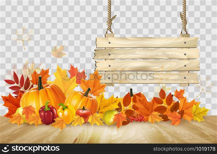 Nature autumn background. Happy Thanksgiving holiday card with fresh vegetables and wooden sign. Vector.