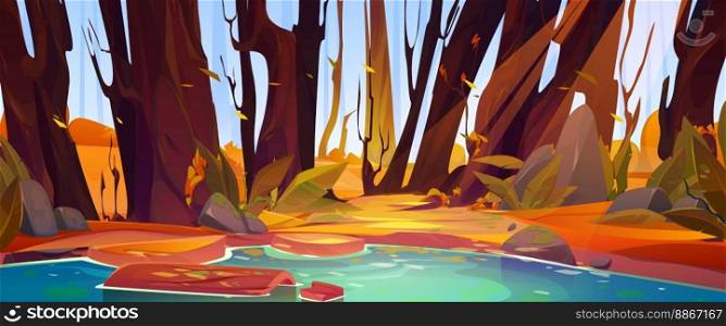 Nature autumn forest scene with lake. Fall landscape with orange trees, grass, bushes, pond and wooden log in water. River or flowing stream coast, vector cartoon illustration. Nature forest scene with lake, autumn trees, grass