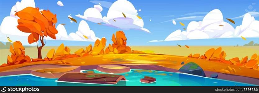 Nature autumn scene with lake. Fall landscape with orange trees, grass, bushes, pond and wooden log in water. Fields, river coast and clouds in sky, vector cartoon illustration. Nature scene with lake, autumn trees, grass