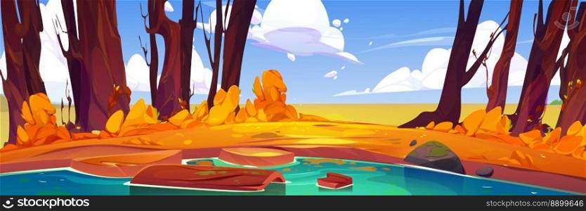 Nature autumn scene with lake. Fall landscape with orange trees, grass, bushes, pond and wooden log in water. Fields, river coast and clouds in sky, vector cartoon illustration. Nature scene with lake, autumn trees, grass