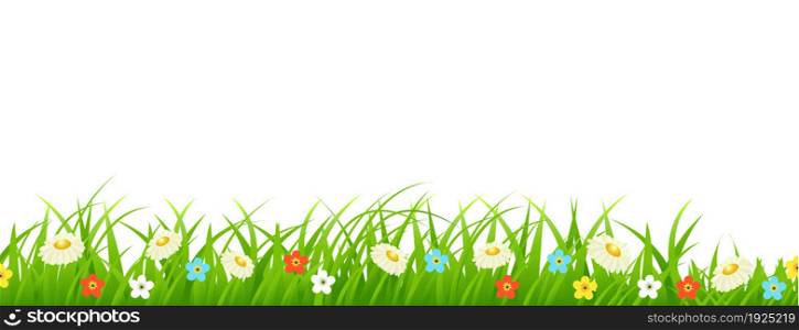 Nature background. Grass foliage and flowers plants. Park or garden elements. Vector illustration in flat style. Grass foliage and flowers plants.