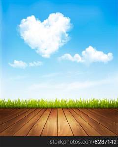 Nature background with a blue sky and heart shaped cloud.Vector illustration