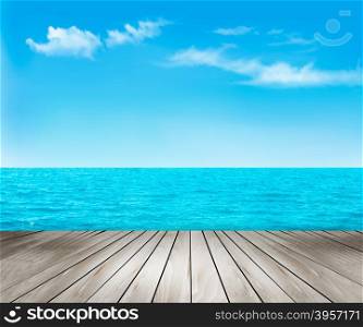 Nature background with a wooden deck, the sea and the sky. Vector.