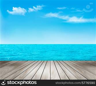 Nature background with a wooden deck, the sea and the sky. Vector.
